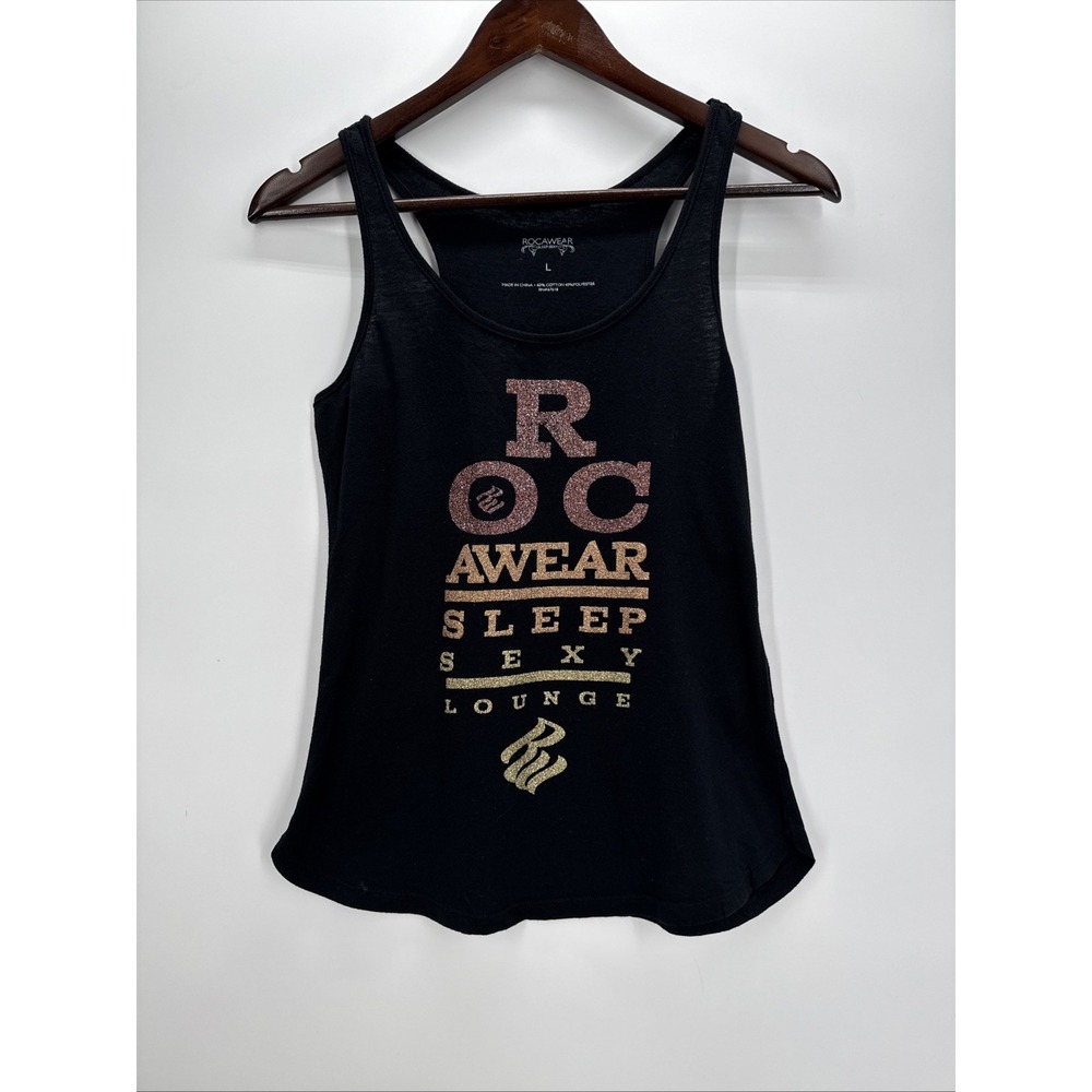 Rocawear VTG Ribbed Graphic Tank White Frt Multicolor Sparkly Logo Womens Size L